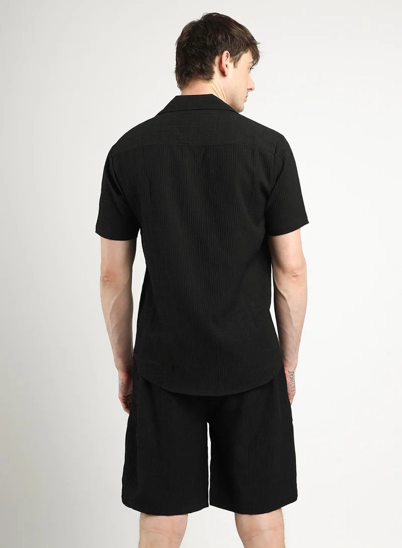 CAHOOT  Men's Onyx Black Textured Interwine Co-Ord Set For Casual Wear | Cuban Collar | Short Sleeve | Button Closure | Co-Ords Crafted With Comfort Fit For Everyday Wear for Men | Best Price UAE